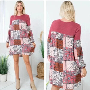 Boho Patchwork Paisley Dress | Long Sleeve Flowy Fall Mini Dress